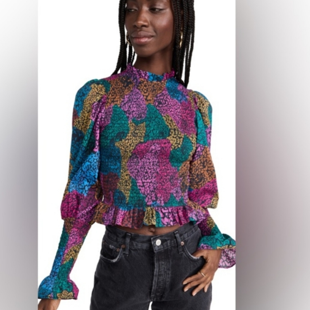 FARM RIO Rainbow Mixed Balloon Long Ruffle Trim Sleeve Blouse Like New - Picture 5 of 8